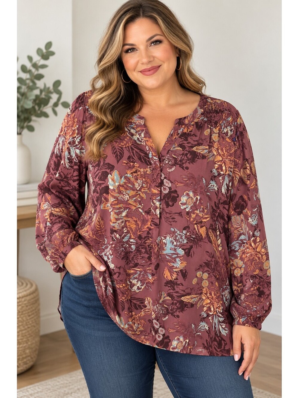 Prescott New York Size 20 Floral Boho Tunic Blouse Smocked Shoulder Long Sleeve